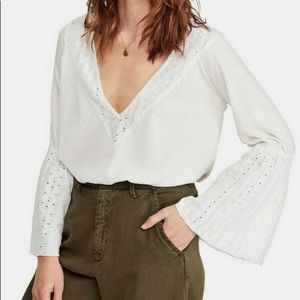 Free People White Parisian Nights Bell Sleeve Eyelet Blouse Top Women's Size SM